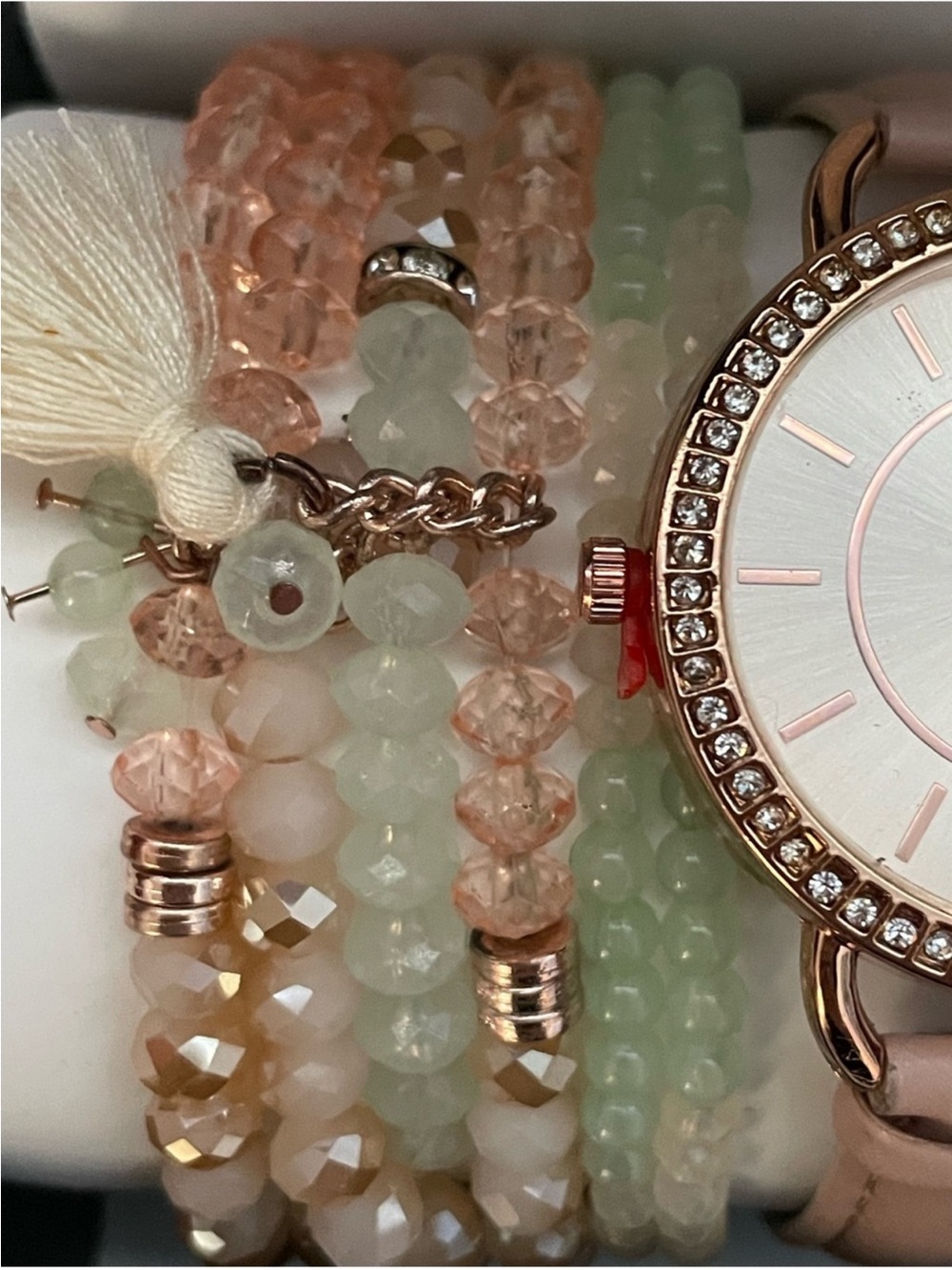 Jessica Carlyle Rose Gold Pink Strap Watch w/Pastel Beaded Bracelet Set NIB - Picture 5 of 6